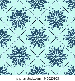 seamless floral ornament-vector illustration. Squares with dots. Blue background.
