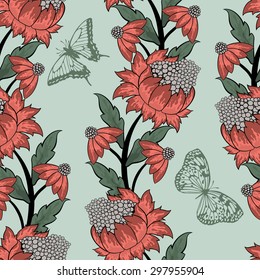 Seamless Floral Ornate Color  Pattern. Very Cute Background Design with Butterflies. Ideal for Textile Print and Decorative Wallpaper. Vector Illustration.