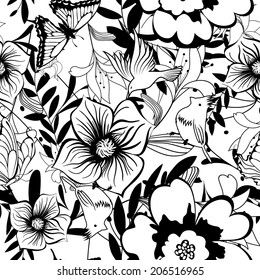 Seamless floral ornate  pattern in Black and White Colors. Very Cute Background Design with Butterflies and Birds. Ideal for Textile Print and Decorative Wallpaper. Vector Illustration.