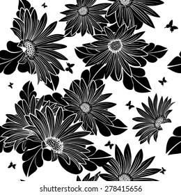 Seamless Floral Ornate  Pattern in Black and White Colors. Very Cute Background Design with Butterflies. Ideal for Textile Print and Decorative Wallpaper. Vector Illustration.