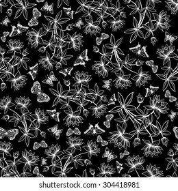 Seamless Floral Ornate  Pattern in Black and White Colors. Very Cute Background Design with Butterflies. Ideal for Textile Print and Decorative Wallpaper. Vector Illustration.