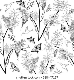 Seamless Floral Ornate  Pattern in Black and White Colors. Very Cute Background Design with Butterflies. Ideal for Textile Print and Decorative Wallpaper. Vector Illustration.