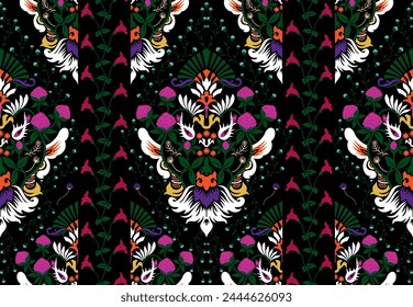 Seamless floral paisley embroidery seamless wildflowers pattern mixed with tiger face on black background. Animal style abstract vector, illustration, wallpaper, print, decoration.