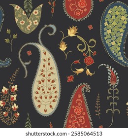 Seamless floral paisley. Hand drawn colorful pattern.
