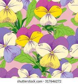 Seamless floral pansy background, vector illustration