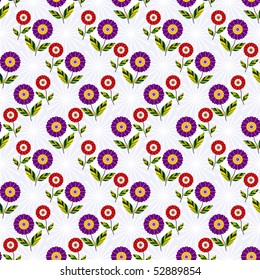 Seamless floral pastel pattern with violet and red flowers (vector)
