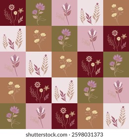 Seamless floral patchwork checkered pattern with earthy tones.