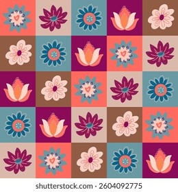 Seamless floral patchwork checkered pattern with vintage tones.