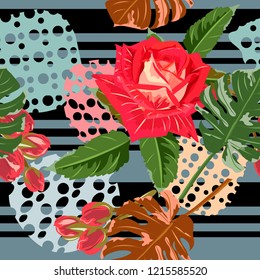 Seamless floral patchwork pattern. Beautiful red roses, tropical leaves and geometric shapes. Flower background for textile, cover, wallpaper, gift packaging, printing.