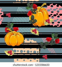 Seamless floral patchwork pattern. Beautiful red roses, pumpkins, berries and geometric shapes. Flower background for textile, cover, wallpaper, gift packaging, printing.