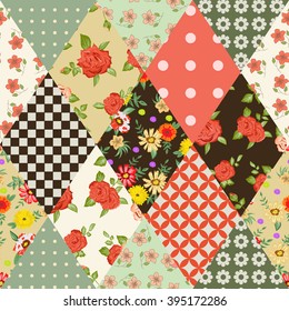 Seamless floral patchwork pattern with flowers.