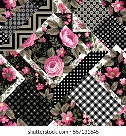 seamless floral patchwork pattern with geometrical elements 