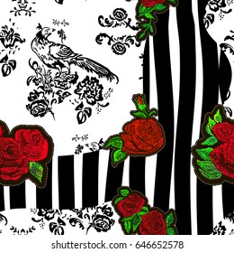 Seamless floral patchwork pattern with geometrical elements and peacocks. Black and white design with red rose for fabrics. Vector
