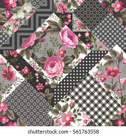 seamless floral patchwork pattern with pink roses