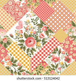 seamless floral patchwork pattern with red roses