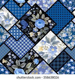 seamless floral patchwork pattern with roses in blue