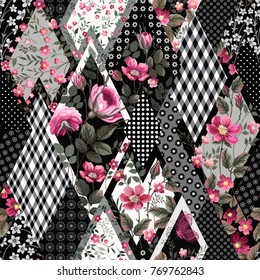 seamless floral patchwork pattern with roses