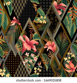 seamless floral patchwork pattern with tropical flowers