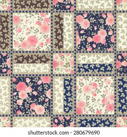 Seamless floral patchwork pattern. Vector checkered backgrounds set. Abstract textures with roses, leaves and laces.