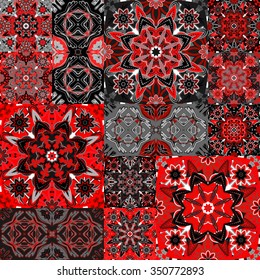 Seamless floral patchwork pattern. Vector checkered backgrounds set. Abstract textures with tile in east style. Red black and white backdrop.