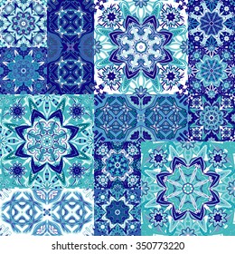 Seamless floral patchwork pattern. Vector checkered backgrounds set. Abstract textures with tile in east style. Blue and white snowflakes. 