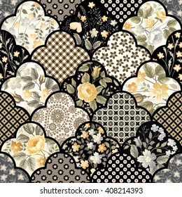 seamless floral patchwork pattern with yellow roses