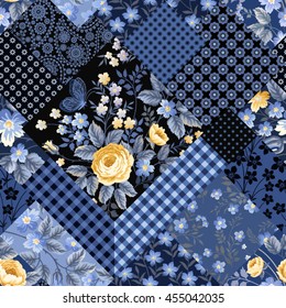 seamless floral patchwork pattern with yellow roses on black