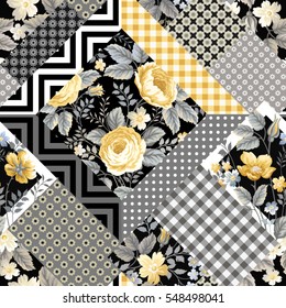 seamless floral patchwork pattern with yellow roses