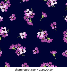 Seamless floral patter with little pink flowers  on a dark blue background Use to create fabric projects, greeting Cards or design elements for scrap booking. 