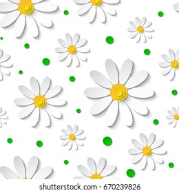 Seamless floral pattern with 3d chamomiles isolated on white with green dots. Vector illustration