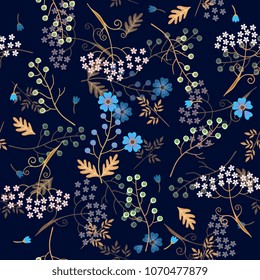 Seamless floral pattern with 3d effect. Beautful spring design. Stylized flax and umbrella flowers, green bird cherry berries and leaves on dark blue background.