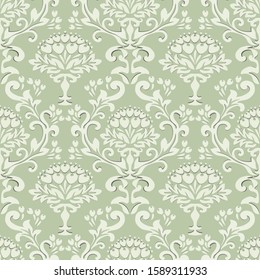 Seamless floral pattern in 3d, vintage pattern in light green. Fashion damask Wallpaper, fabric, packaging, site background.