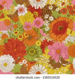Seamless Floral Pattern 70s. Autumn Flowers And Butterflies. Warm Colors.
