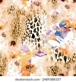 seamless floral pattern with abstract african wild animal leopard skin background elements in brown, orange, blue and black