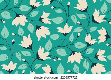 Patrón floral sin foco con un arreglo abstracto de plantas silvestres sobre un fondo azul. Impresión botánica con ramas decorativas florecientes, flores blancas pequeñas, hojas. Ilustración vectorial.