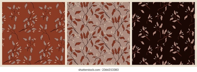 Seamless floral pattern, abstract autumn print with ink drawing branches in the collection. Vintage botanical design with falling dry plants: hand drawn branches, leaves, different background. Vector.