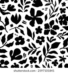 Seamless floral pattern with abstract black flowers, leaves, and botanical elements on a white background. Trendy modern design for fabric, wallpaper, wrapping paper, and digital projects. Vector