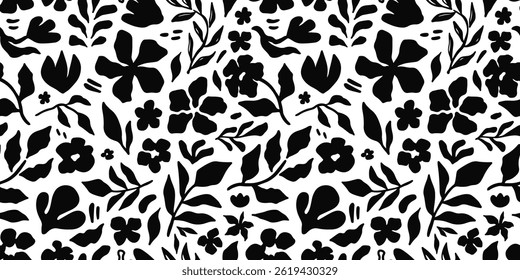 Seamless floral pattern with abstract black flowers, leaves, and botanical elements on a white background. Trendy modern design for fabric, wallpaper, wrapping paper, and digital projects. Vector