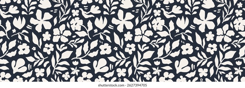 Seamless floral pattern with abstract black flowers, leaves, and botanical elements on a white background. Trendy modern design for fabric, wallpaper, wrapping paper, and digital projects. Vector