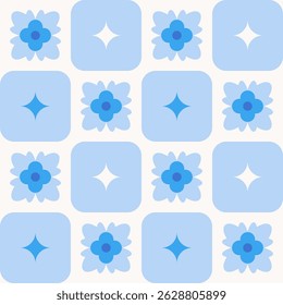 Seamless floral pattern with abstract blue flowers and rounded squares with stars. Flat geometric vector illustration. Retro playful design