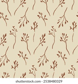 Seamless floral pattern, abstract botanic ornament, flower print of sketch wild plants. Simple graphic design in autumn motif: hand drawn beige branches, small leaves. Two colors vector illustration.