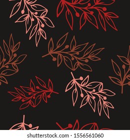 Seamless floral pattern. Abstract botanical print of flowers, leaves, twigs. Dark background.