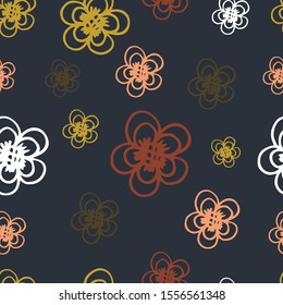 Seamless floral pattern. Abstract botanical print of flowers, leaves, twigs. Dark background.