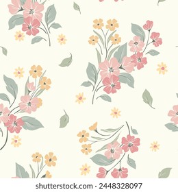 Seamless floral pattern, abstract botanical decor, delicate ditsy print in a vintage motif. Beautiful botanical design: hand drawn small pink flowers, branches, leaves on white. Vector illustration.