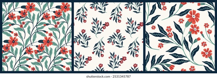 Padrão floral perfeito, ornamento botânico abstrato em estilo de arte popular. Impressão floral, design de arte decorativa: desenhado à mão pequenas flores vermelhas, grandes folhas verdes, ramos. Ilustração vetorial.

