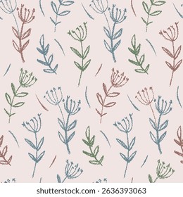 Padrão floral contínuo, impressão botânica abstrata com plantas desenhadas a giz simples. Design gráfico de superfície de flores silvestres desenhadas à mão, folhas de esboço. Ilustração vetorial.