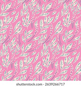 Seamless floral pattern, abstract botanical print in artistic retro motif. Cute nature surface design of small hand drawn leaves, tiny wild flowers randomly on pink field. Vector illustration.