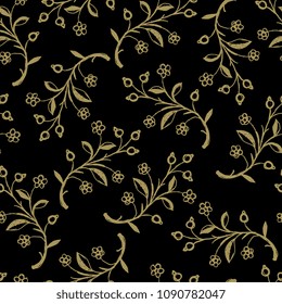 Seamless floral pattern with abstract branches. Golden silhouettes on black background. Vintage style. Based on hand drawn sketch. 