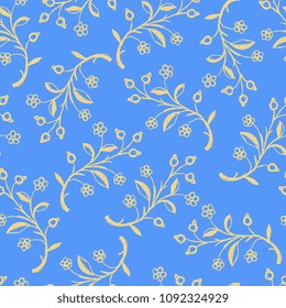 Seamless floral pattern with abstract branches. Gold silhouettes on blue background. Folk style. Based on hand drawn sketch. 