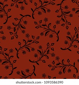 Seamless floral pattern with abstract branches. Black silhouettes on maroon red background. Folk style. Based on hand drawn sketch. 